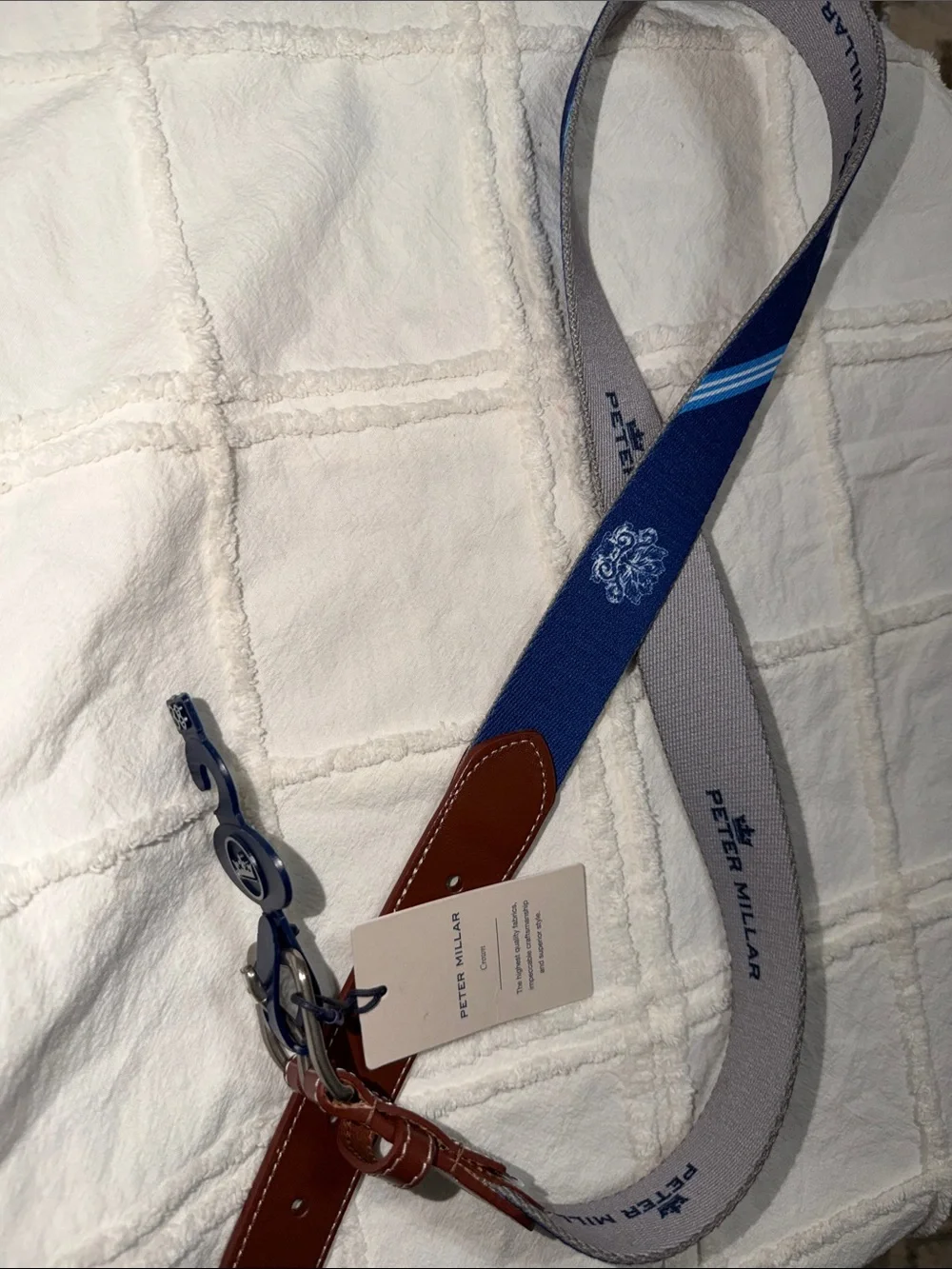 Peter Millar Blue Canvas and Brown Leather Trim Belt